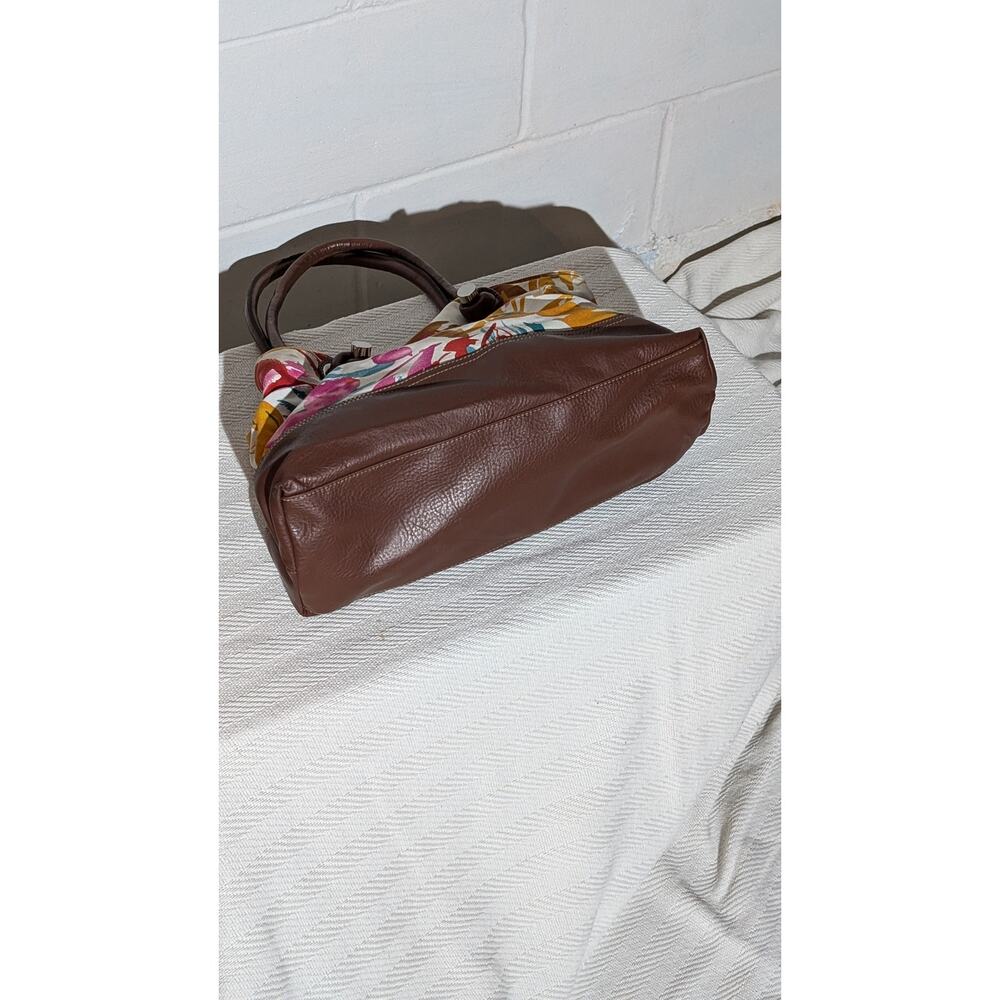 Merona Floral Print Satchel Handbag Brown Faux Leather Trim Shoulder Bag Purse - Picture 4 of 9